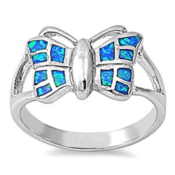 .925 STERLING SILVER Lab Created Blue Fire Opal Inlay Butterfly Ring - Picture 13 of 13